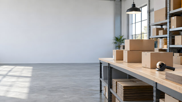 Plain boxes on a warehouse packing table