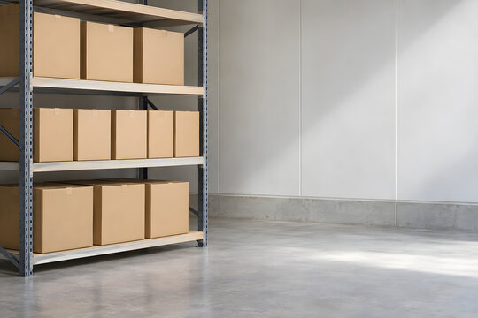 Plain cardboard boxes on warehouse shelving