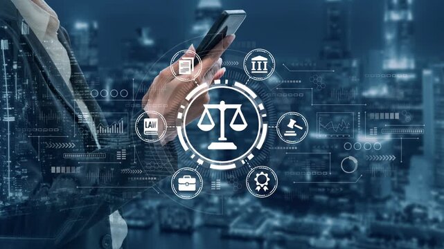 Business person using smartphone with legal symbols, scales of justice, and digital interface in a modern city setting at night with skyscrapers in the background. Entropy.