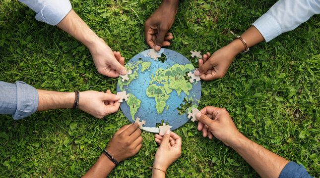 Top down flat lay angle view diverse human hands working together green lawn grass base texture assembling small cardboard jigsaw puzzle template earth globe planet map green tree foliage photo