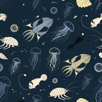 Deep sea creature seamless pattern illustrating squids, anglerfish, jellyfish, and isopods drawn in cream and light blue line art over a dark navy blue background ocean environment.