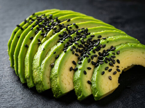 Fresh sliced avocado garnished with black sesame seeds on a dark slate background.
