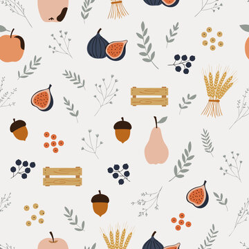 Harvest autumn seamless pattern illustrating figs, pears, apples, acorns, wheat sheaves, berries, and wooden crates floating on an off-white background with delicate sprig leaves.