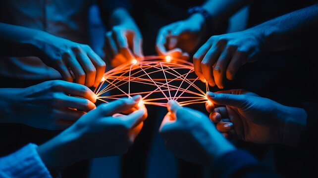 Global Teamwork and Digital Network Concept with Multiple Hands Connecting Glowing Points, Collaboration, Connectivity, Innovation and Technology