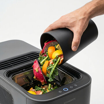 Person emptying organic food waste into a modern electric kitchen composter machine.