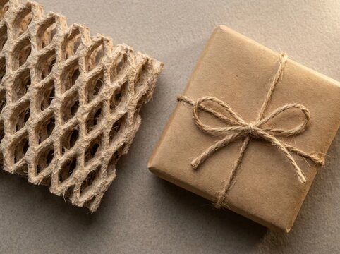 bio based packaging material closeup Eco-friendly gift wrapped in brown paper with natural twine and honeycomb wrap