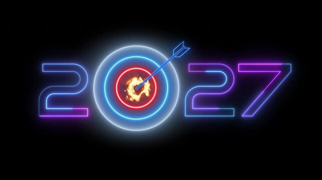 Glowing neon 2027 numbers with arrow hitting burning target bullseye replacing zero on dark background. Annual business goal precision, ambitious achievement milestone, and future success concept.