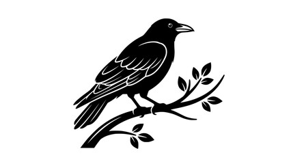 Fototapeta premium Crow Bird Perched on Tree Branch Silhouette Line Icon