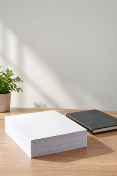Stack of blank paper beside a closed notebook