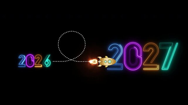 Glowing neon 2026 and 2027 numbers with flying rocket trajectory on dark background. Annual new year milestone transition, ambitious future celebration, and corporate business breakthrough concept.
