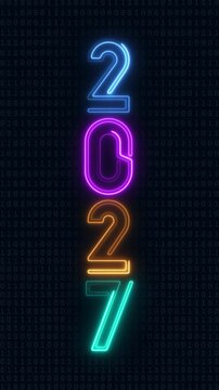 Glowing neon 2027 numbers typography stacked vertically on digital grid background. Modern vertical shot calendar change countdown, annual holiday celebration, and festive new year party concept.