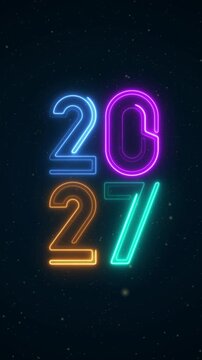 Glowing neon 2027 numbers typography arranged in modern two by two layout on dark background. Vertical shot calendar change countdown, annual holiday celebration, and festive new year idea concept.