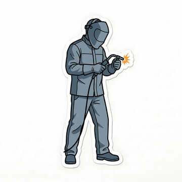 Professional Male Welder in Protective Gear and Helmet Holding a Welding Torch with Sparks, Vector Illustration Sticker Style Isolated on White Background for Industrial Design