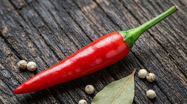 A single fresh red chili pepper with bay leaf and peppercorns on a rustic wooden table.