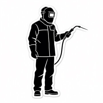 Professional male welder vector illustration in full protective gear and safety mask holding a welding torch isolated black silhouette sticker for industrial construction and metal work