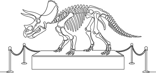 Line drawing of a Triceratops dinosaur skeleton displayed on a museum pedestal. © farhan