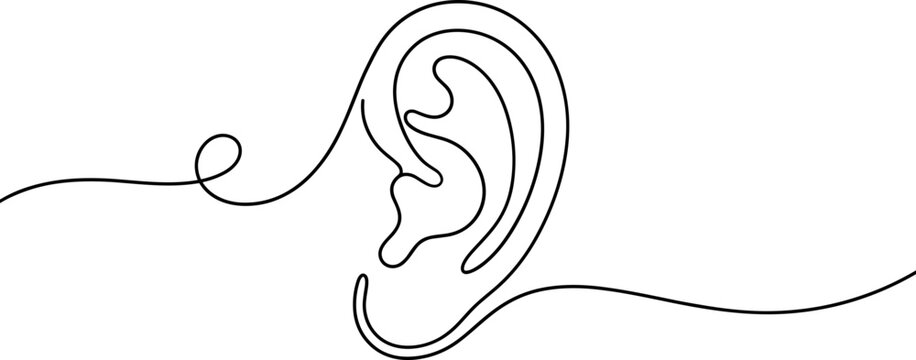 minimalist continuous line drawing of human ear silhouette with flowing abstract lines against white background.