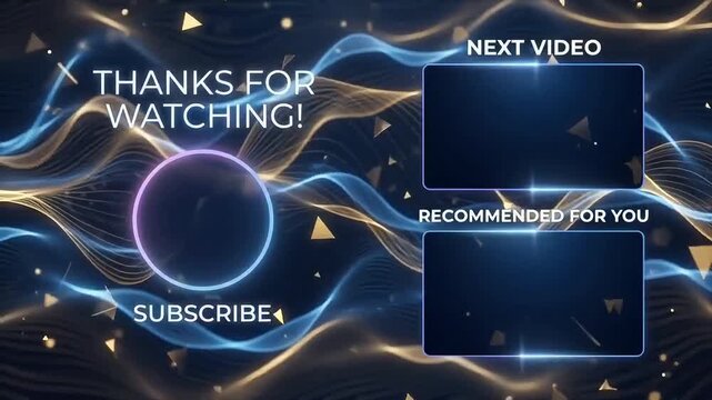 YouTube end screen animation template featuring glowing abstract wave motion graphics and modern digital placeholders