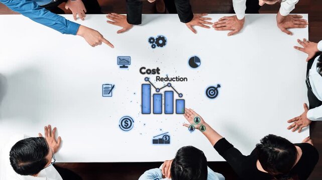 A business team discusses cost reduction strategies, analyzing graphs and data represented on a table in a contemporary office setting. Engaging collaboration and innovation. Raster
