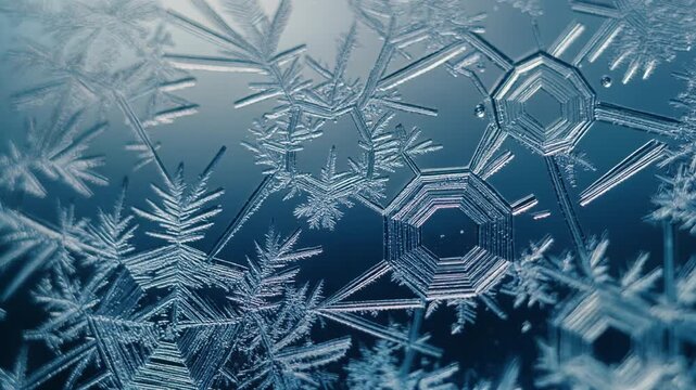 Hexagonal ice crystals and frost patterns forming on a dark blue glass surface