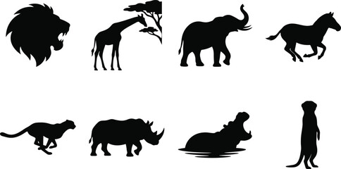 Fototapeta premium Black Silhouettes of African Safari Animals Set on White Background