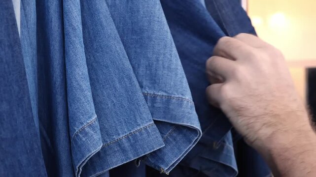 Man browsing blue denim shirts on clothing rack in store. Close-up of a shopper checking the quality of the denim fabric. Concept of menswear shopping, casual fashion and consumer choice.