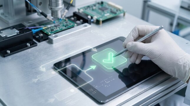 technician approving automated machine workflow Tablet being tested with digital checkmark on screen in a high-tech lab