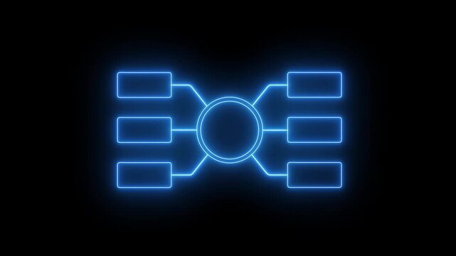 Glowing blue neon mind map infographic flowchart with central circle connected to six empty digital text placeholder boxes on dark background 4k animation video.
