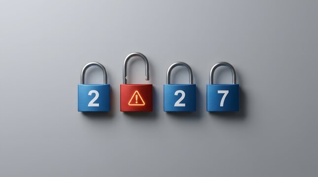 Digital security concept for the year 2027 featuring a row of padlocks with one red unlocked lock showing a warning alert icon signifying potential data risks and cyber threats in the future.