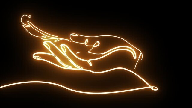 Continuous Line Drawing Animation Of Neon Orange Hand Holding Feather Floating   