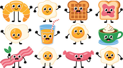 Obraz premium Cute Kawaii Breakfast Food Character Vector Set Featuring Smiling Fried Egg Croissant Bacon Sausage Coffee and Waffle Icons for Morning Menu Graphic Designs