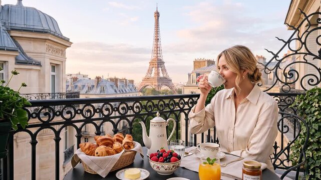 Elegant woman enjoying breakfast with croissants and coffee on a sunny Paris balcony overlooking the Eiffel Tower