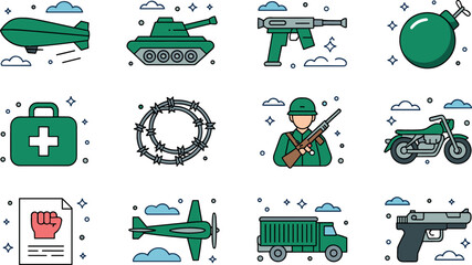 Military Army and Defense Icon Set with Tanks Pistols Soldiers Medical Kits and Barbed Wire for Tactical Games and Patriotic Graphics © MstLutfa