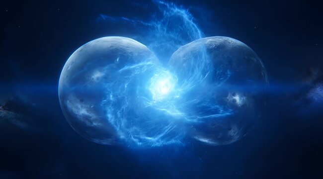 Two planets colliding in deep space with massive blue explosion animation video footage