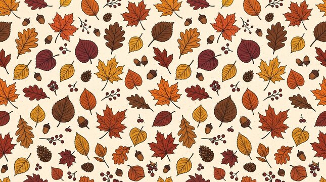 Hand drawn seamless autumn pattern featuring vibrant maple and oak leaves alongside charming acorns plus delicate berry sprigs creating a wonderful seasonal background design in warm orange red yellow