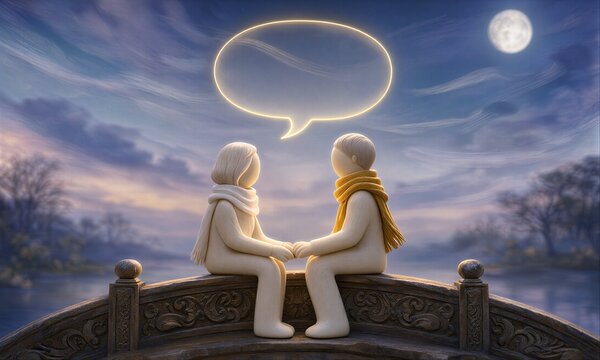 Two figures sit on a bridge, sharing a glowing thought bubble under the moon.