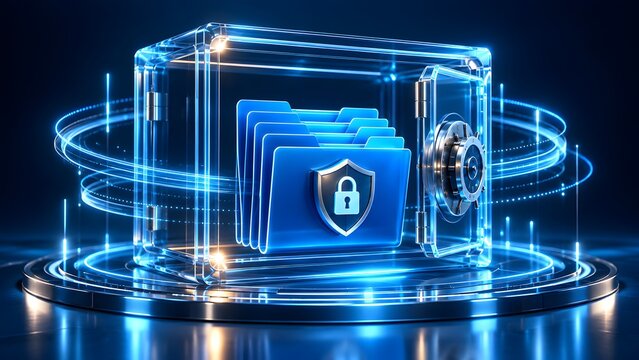 Glowing blue digital safe vault enclosing virtual data folders and security lock shield representing advanced cybersecurity and secure confidential information storage system