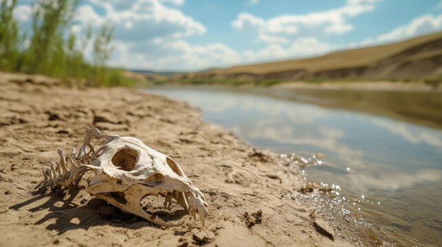 The Harsh Reality of Drought: Riverbed Dry with Fish Skeletons, Environmental Devastation Concept