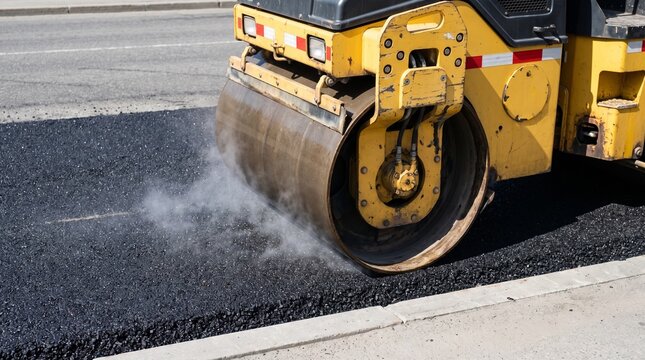 Heavy road roller compacting fresh hot asphalt layer during highway surfacing work