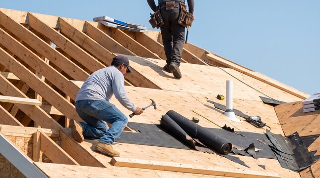 Construction workers installing plywood sheathing and roofing underlayment on house roof