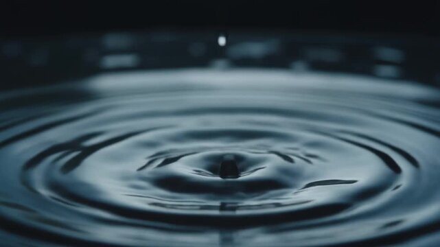 Water drop splash creating a rebound column and multiple tiny droplets on a dark blue liquid in close up slow motion