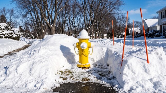 Yellow fire hydrant cleared of deep snow during winter for emergency access