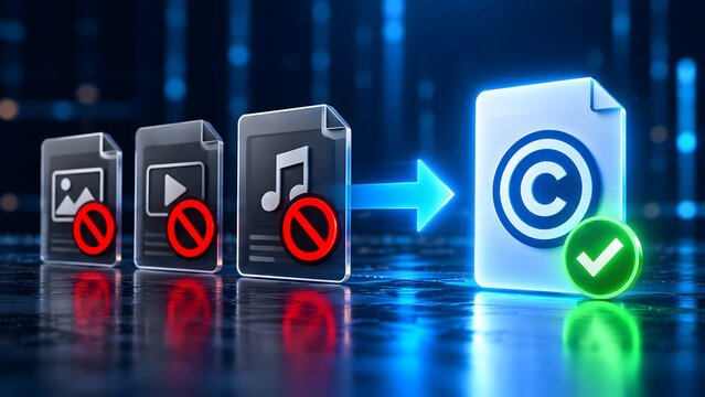 Digital rights management concept showing restricted media files transforming into approved copyright document representing legal content licensing and intellectual property protection