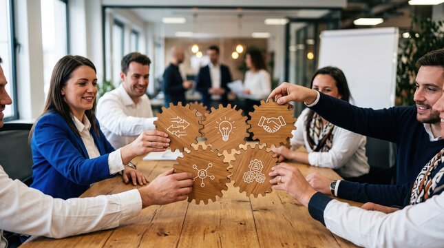 Colleagues sitting around a wooden table holding and connecting laser engraved wooden gear pieces with of lightbulb handshake and network symbols in a bright office setting