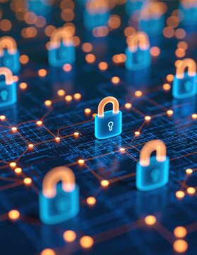 Security and cybersecurity digital network with glowing blue padlock icons for data protection and tech encryption