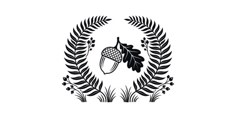 Acorn and oak leaf wreath illustration featuring natural foliage and berries for seasonal harvest or nature themed art. © Jpeg shop opened