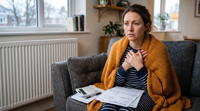 Concerned woman sitting on a grey sofa wrapped in a mustard yellow blanket with utility bills and a calculator on her lap in a bright living room