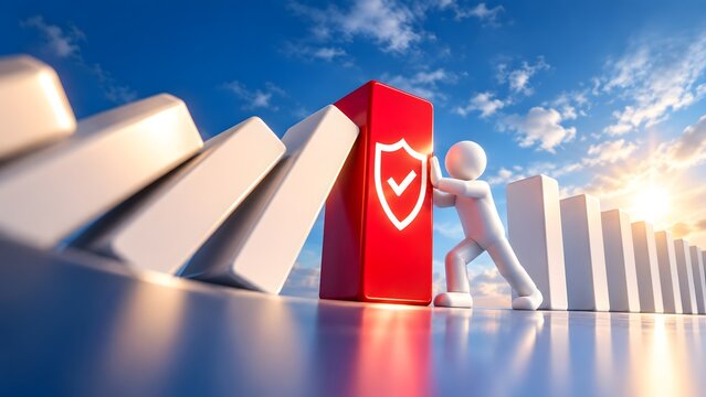 Abstract white 3d person stopping falling dominoes with red security shield block representing active crisis management proactive risk mitigation and problem solving