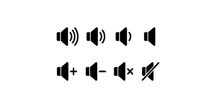 Black volume speaker control icon set depicting audio adjust functions for digital media player applications.