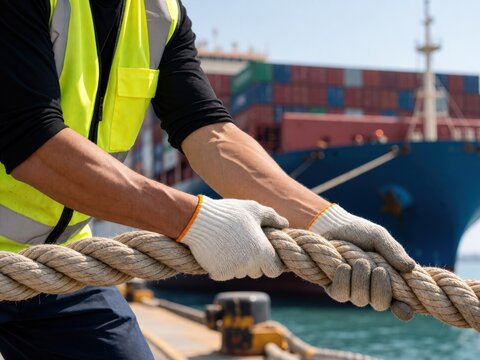 A dockworker in a safety vest pulls a thick rope on a pier, with a large container ship in the back.